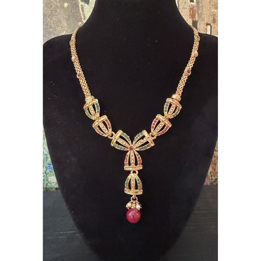 Indian Style Gold Tone Statement Necklace Green Red Faux Pearl Stones Red Drop
